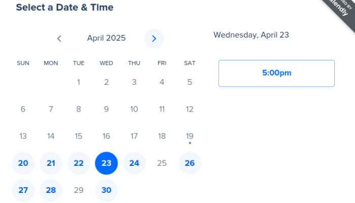An image of how the booking program looks when you pick a date to reserve.