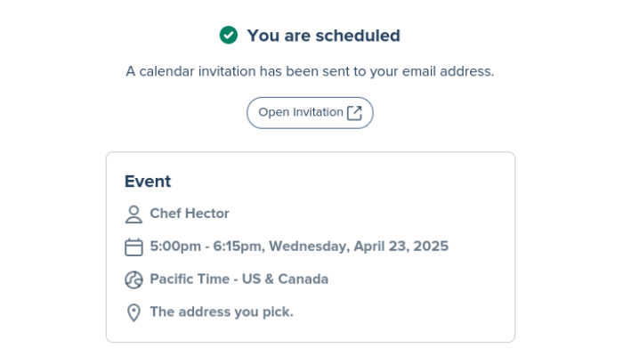 An image of how the booking program looks when you have successfully booked a date.