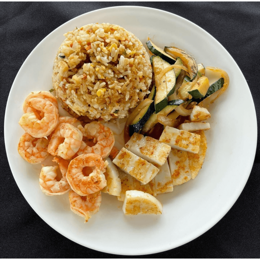 Hibachi style shrimp and calamari with fried rice