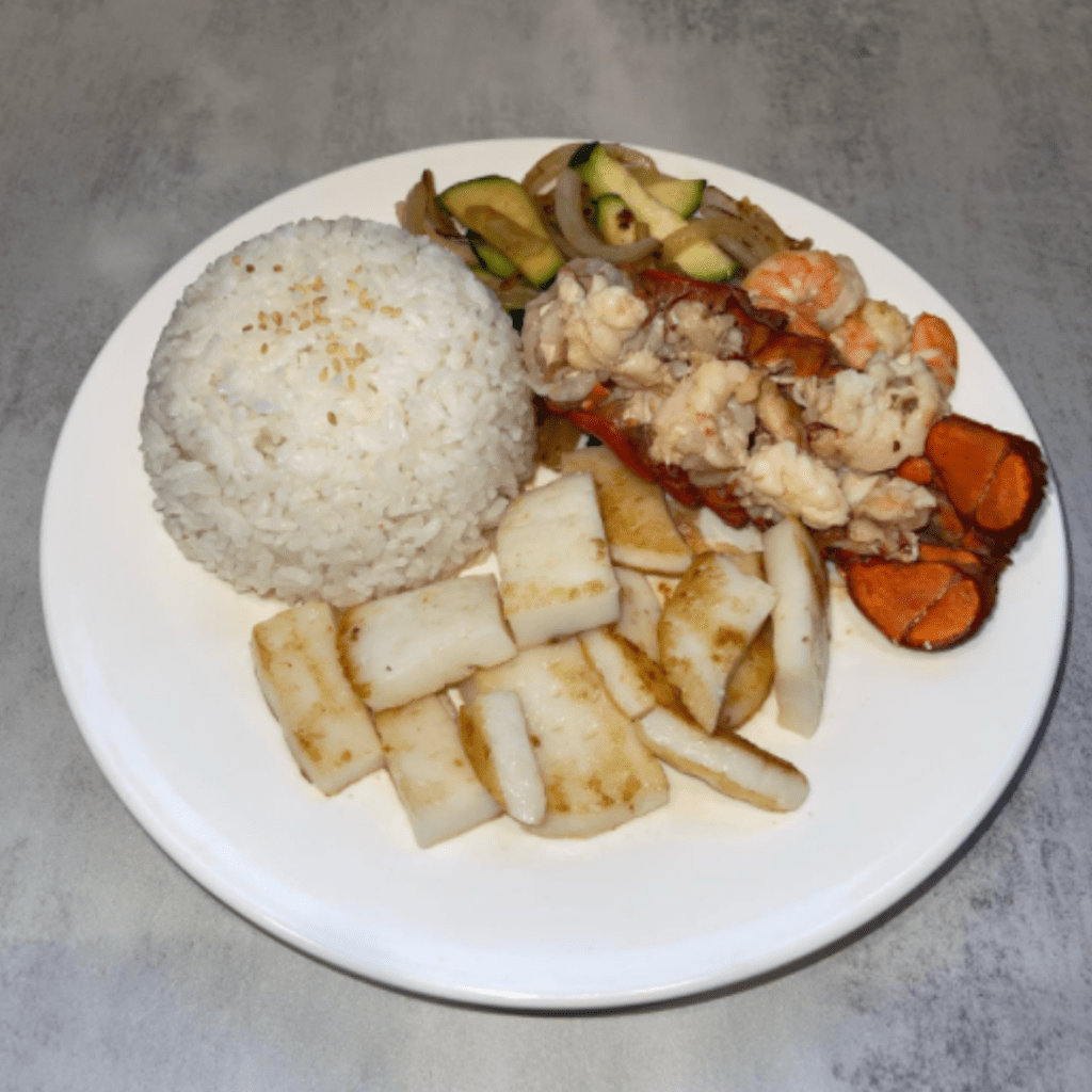 Hibachi style lobster and calamari with steamed rice