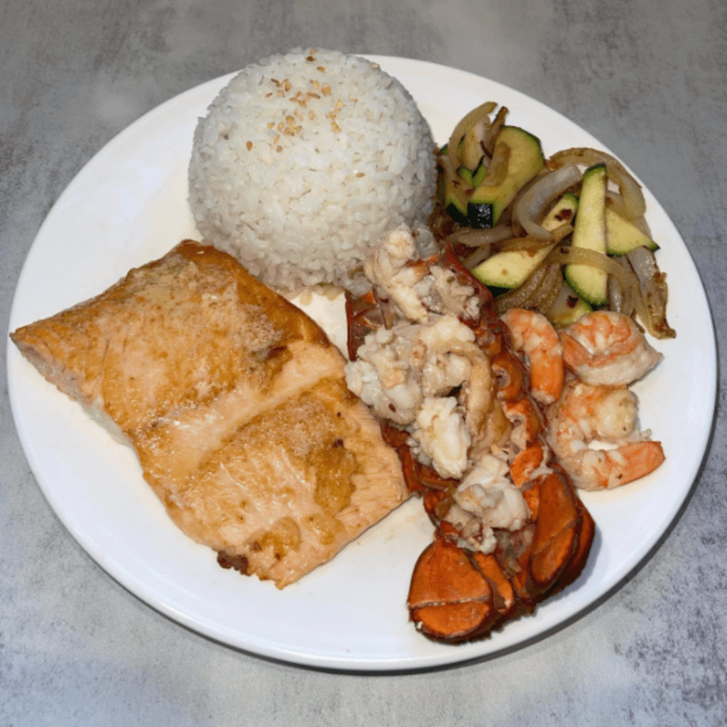 Hibachi style lobster and salmon with steamed rice