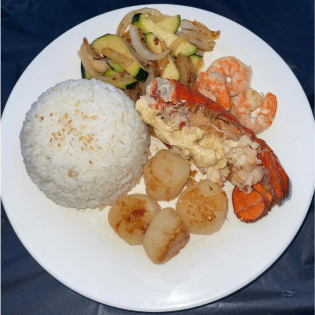 Hibachi style lobster and scallops with steamed rice